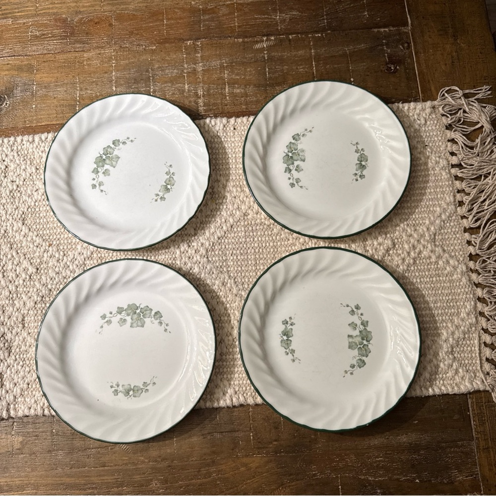 Corelle White Desert/Salad Plates with Green Ivy Pattern Swirl Trim - Set of 4